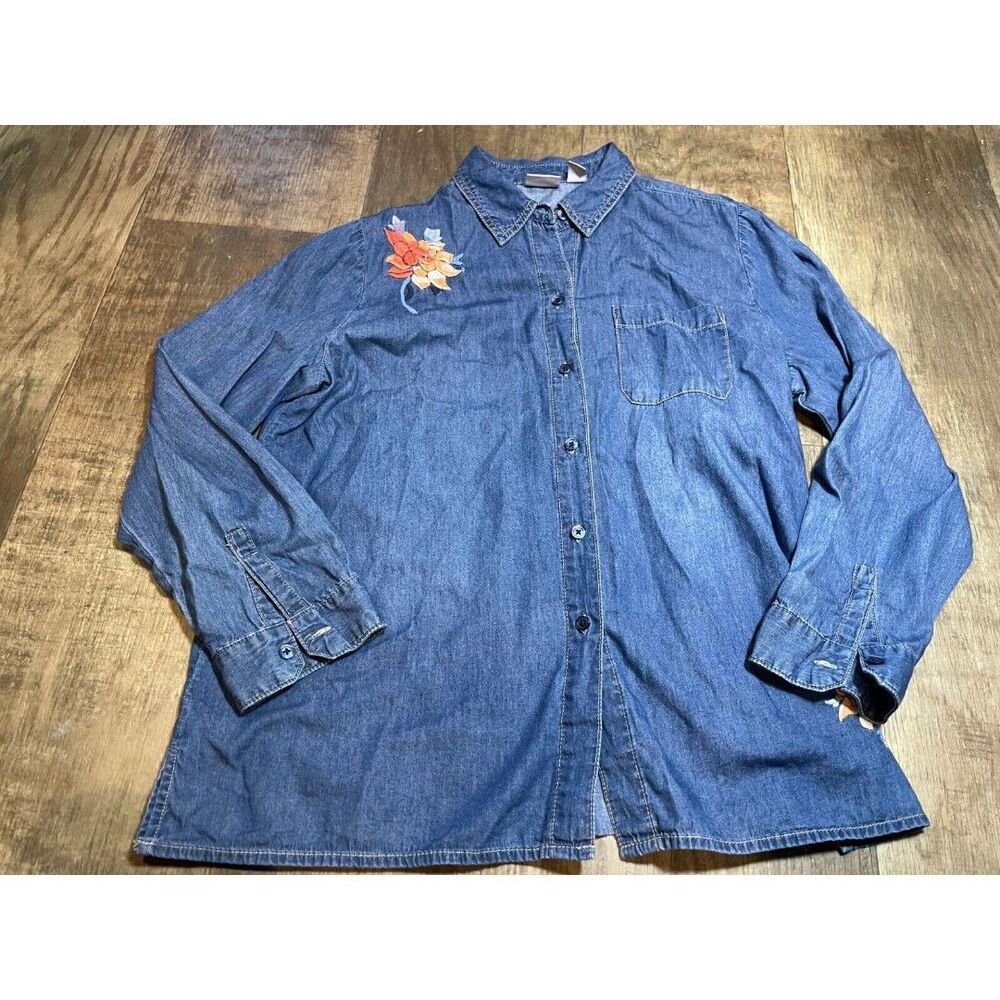 Chicos Denim Jacket Womens Size 2 Embordered Floral